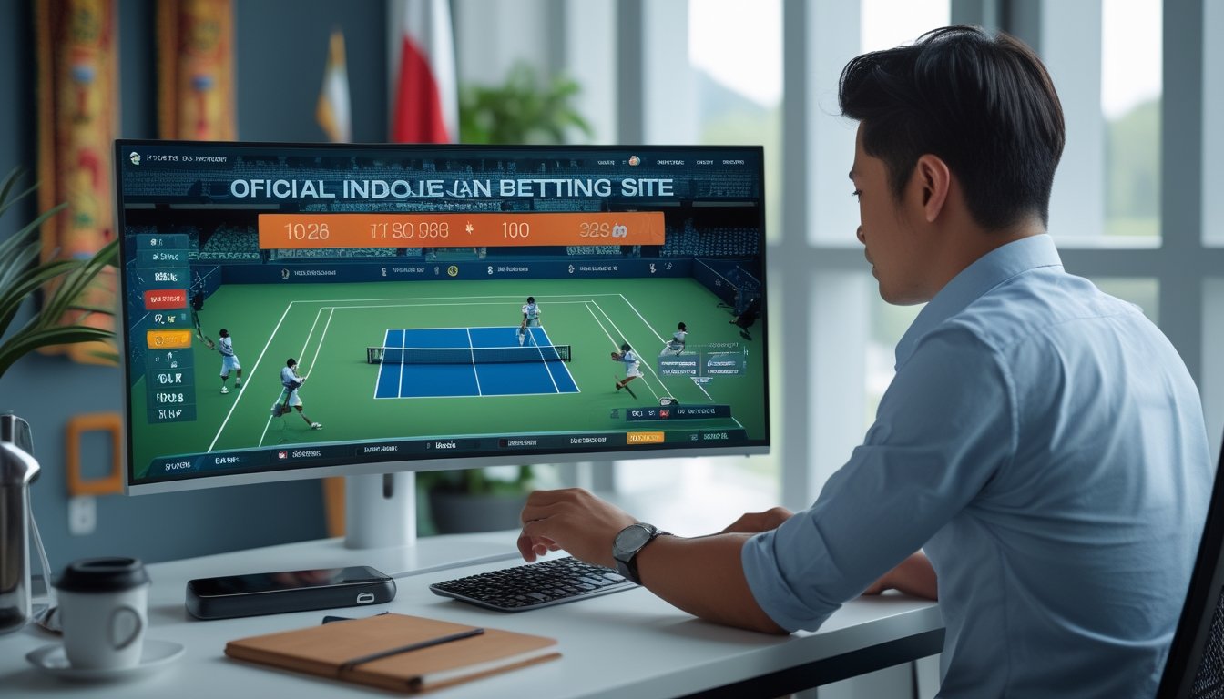 Seseorang duduk di depan komputer yang menampilkan pertandingan tenis langsung dan grafik peluang taruhan dalam suasana kerja modern dengan elemen budaya Indonesia.