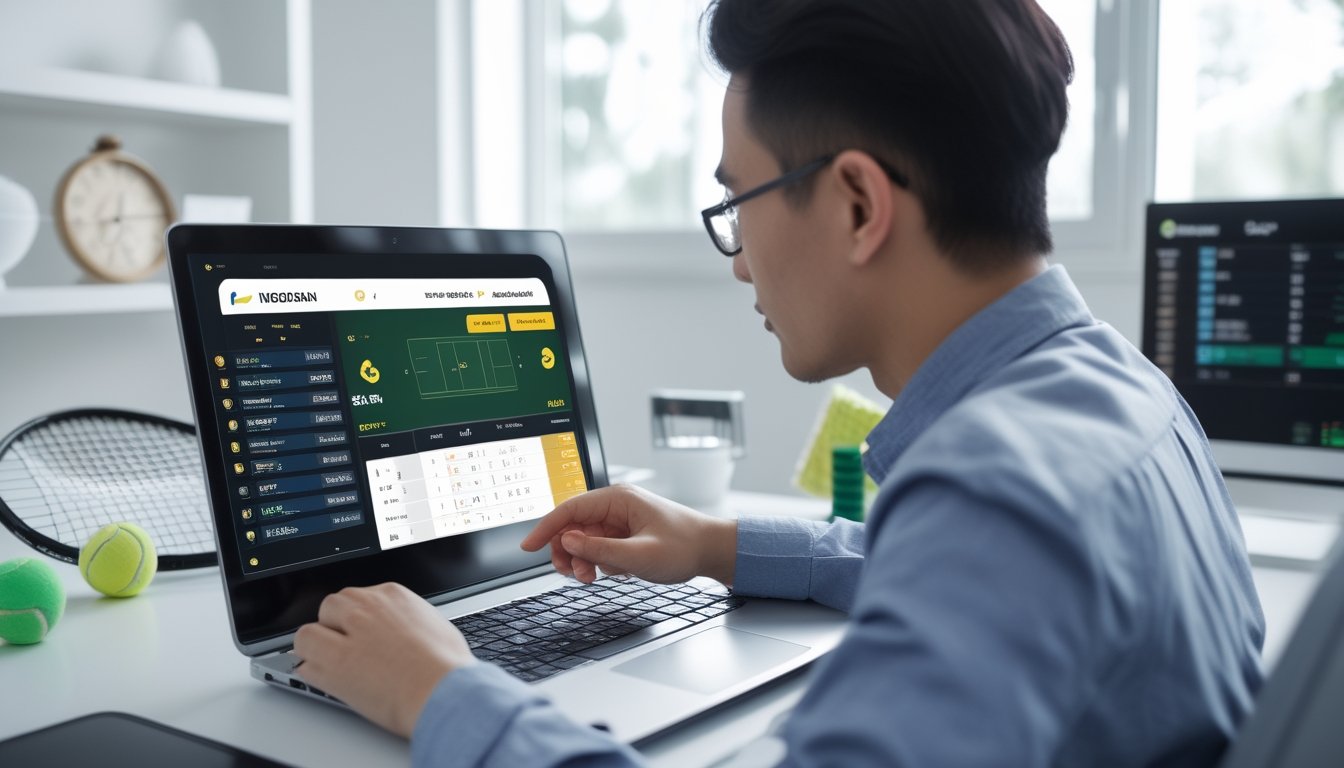 Seseorang menggunakan komputer dengan tampilan situs taruhan tenis online dan perlengkapan tenis di sekitar meja.