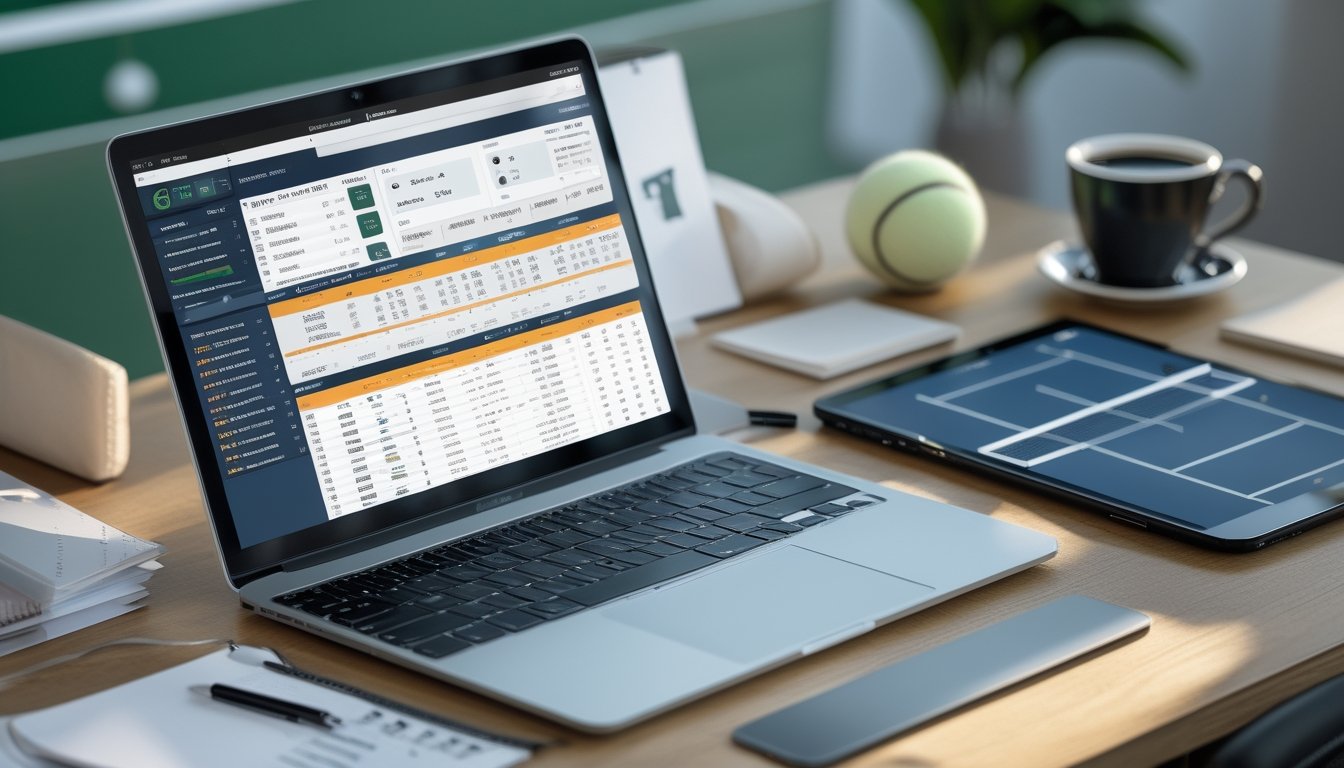 Meja kerja dengan laptop yang menampilkan statistik tenis dan peluang taruhan, bola tenis, tablet dengan gambar lapangan tenis, dan dekorasi tenis di latar belakang.
