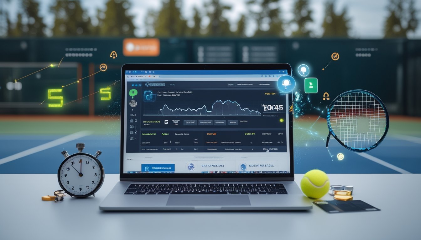Sebuah meja kerja dengan komputer yang menampilkan situs taruhan tenis online, di latar belakang terlihat raket dan bola tenis.