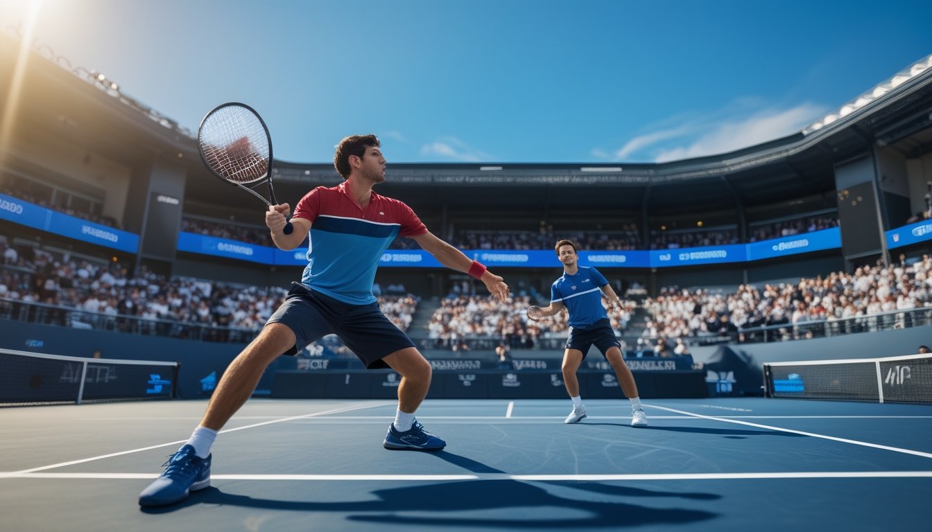 Dua pemain tenis pria sedang bertanding di lapangan keras dengan penonton di tribun dan papan skor di latar belakang.
