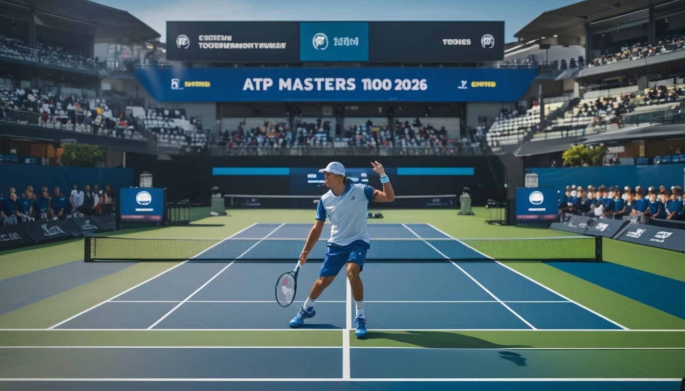 Seorang pemain tenis sedang bersiap melakukan servis di lapangan tenis dengan tribun penonton penuh di latar belakang.