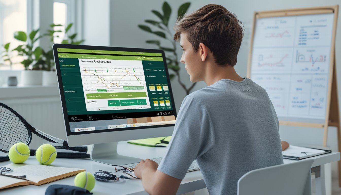 Seorang pemula sedang belajar memasang taruhan tenis Over Under set di depan laptop dengan perlengkapan tenis di meja.