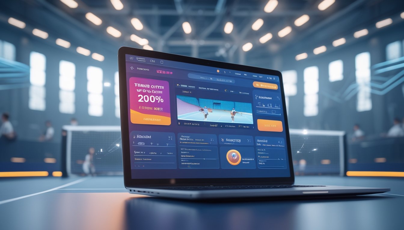 Seorang pengguna melihat layar perangkat dengan situs taruhan tenis online, sementara pertandingan tenis berlangsung di latar belakang.