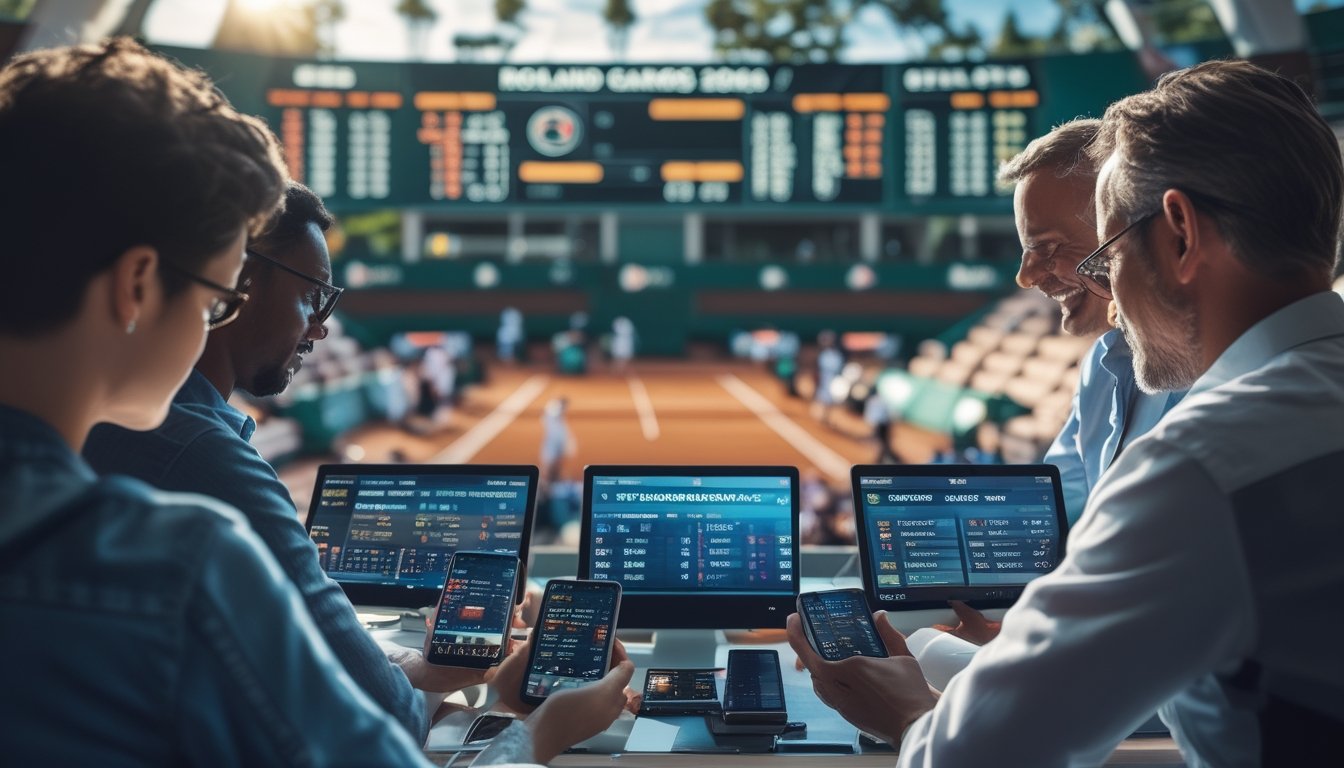 Orang-orang sedang menggunakan perangkat digital untuk bertaruh langsung pada pertandingan tenis di Roland Garros dengan latar belakang lapangan tenis berwarna tanah liat.