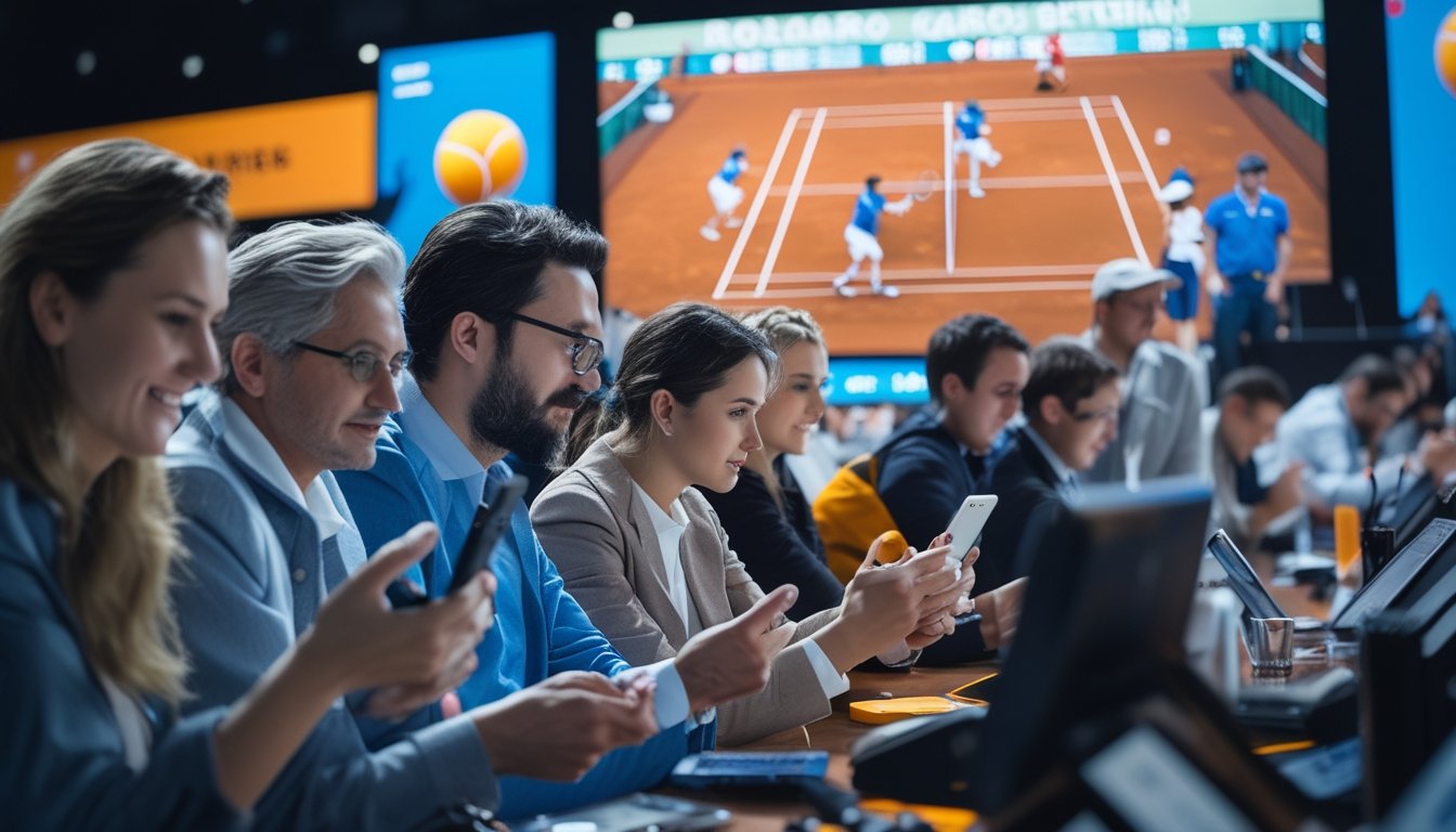 Orang-orang sedang memasang taruhan langsung pada pertandingan tenis Roland Garros dengan layar besar yang menampilkan pertandingan tenis di lapangan tanah liat.