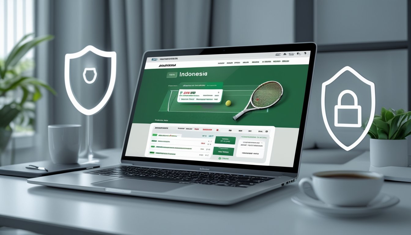 Seorang pria menggunakan laptop di meja kerja dengan tampilan antarmuka taruhan tenis online dan dekorasi kecil bendera Indonesia di sampingnya.