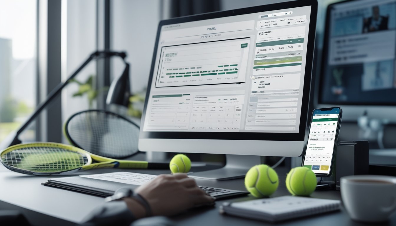Meja kerja modern dengan komputer menampilkan grafik tenis, raket tenis, bola tenis, dan ponsel dengan aplikasi taruhan online.