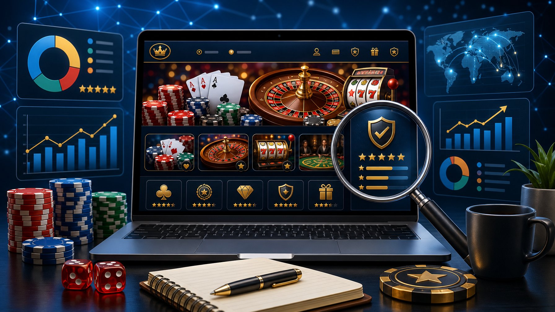 A Laptop Displaying An Online Casino Website Surrounded By Poker Chips, Playing Cards, A Roulette Wheel, Charts, And A Magnifying Glass, Representing A Detailed Review Of Online Casino Games.