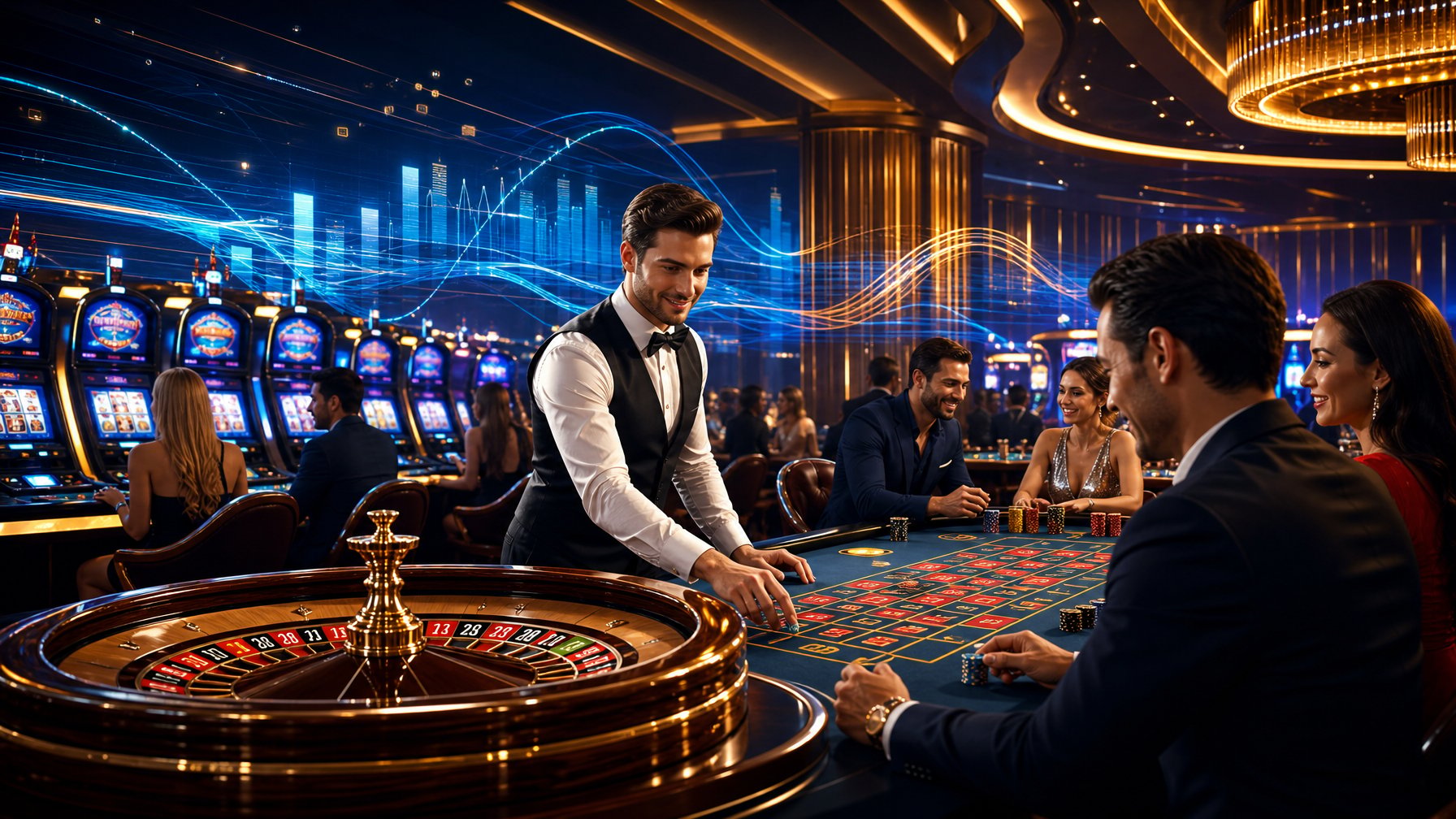 A Modern Casino Scene With A Roulette Wheel, Slot Machines, A Dealer, And Engaged Players In A Lively Environment.