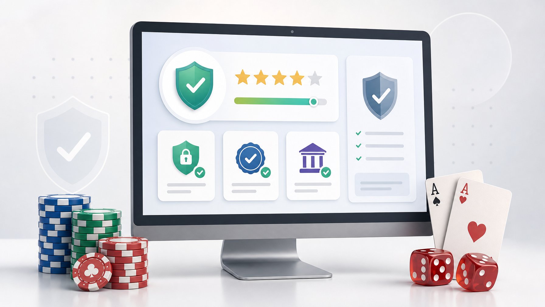 A Computer Monitor Displaying Icons Of Trust And Verification Surrounded By Poker Chips, Playing Cards, And Dice.