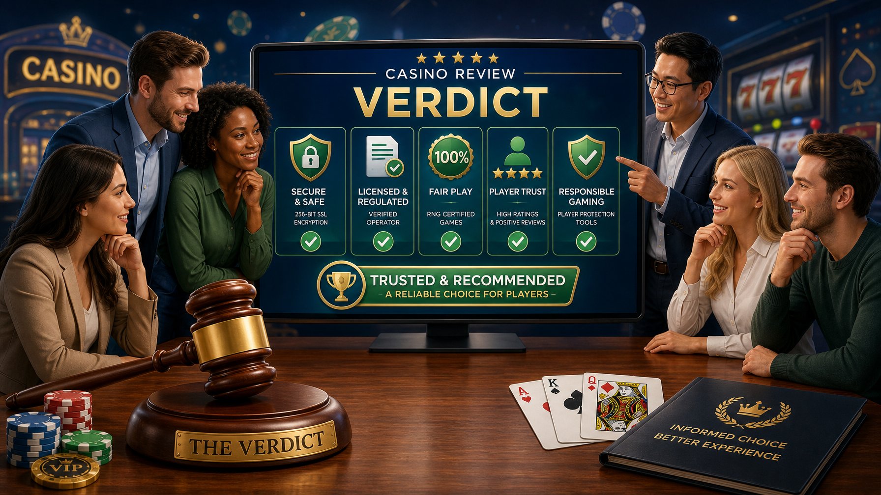 A Group Of People Reviewing Trust Symbols And A Judge's Gavel With Casino Elements In The Background.