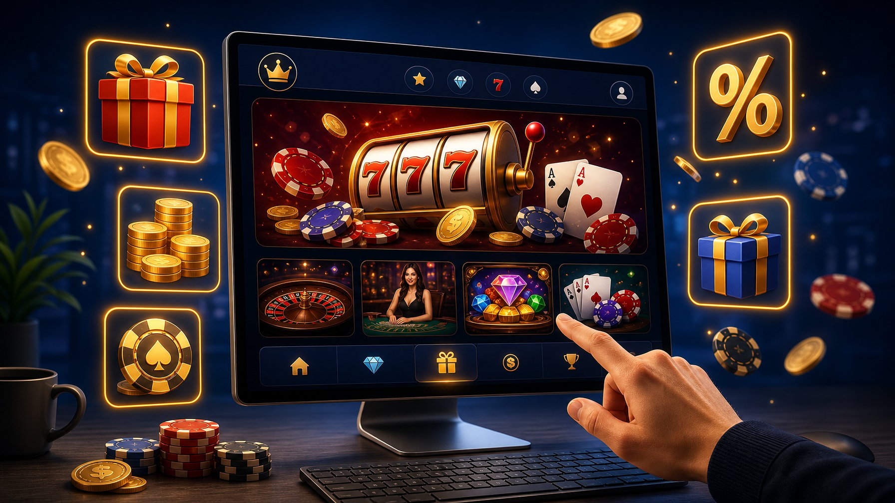 A Person Interacting With An Online Casino Interface On A Computer Screen Showing Slot Machines, Poker Chips, And Promotional Icons Representing Bonuses And Rewards.