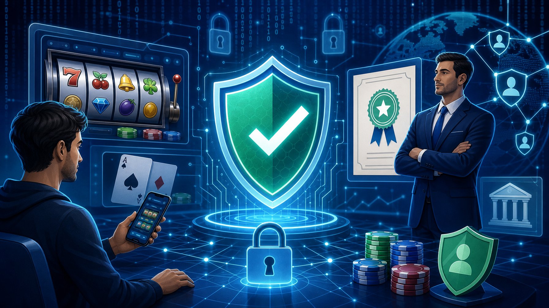 A Secure Online Casino Environment Showing A Shield With A Checkmark, A Certification Badge, And A Person Overseeing Digital Casino Elements, Symbolizing Licensing And Player Protection.