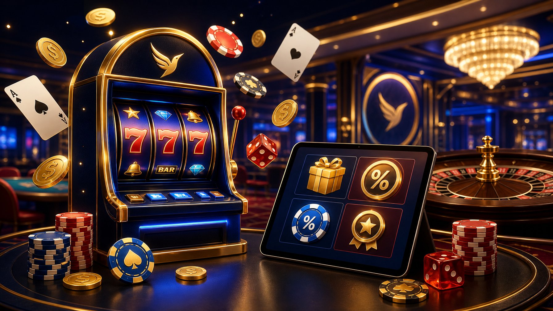 A Casino Scene With A Glowing Slot Machine, Floating Coins And Chips, And A Digital Screen Showing Bonus Icons Surrounded By Roulette Wheels And Dice.
