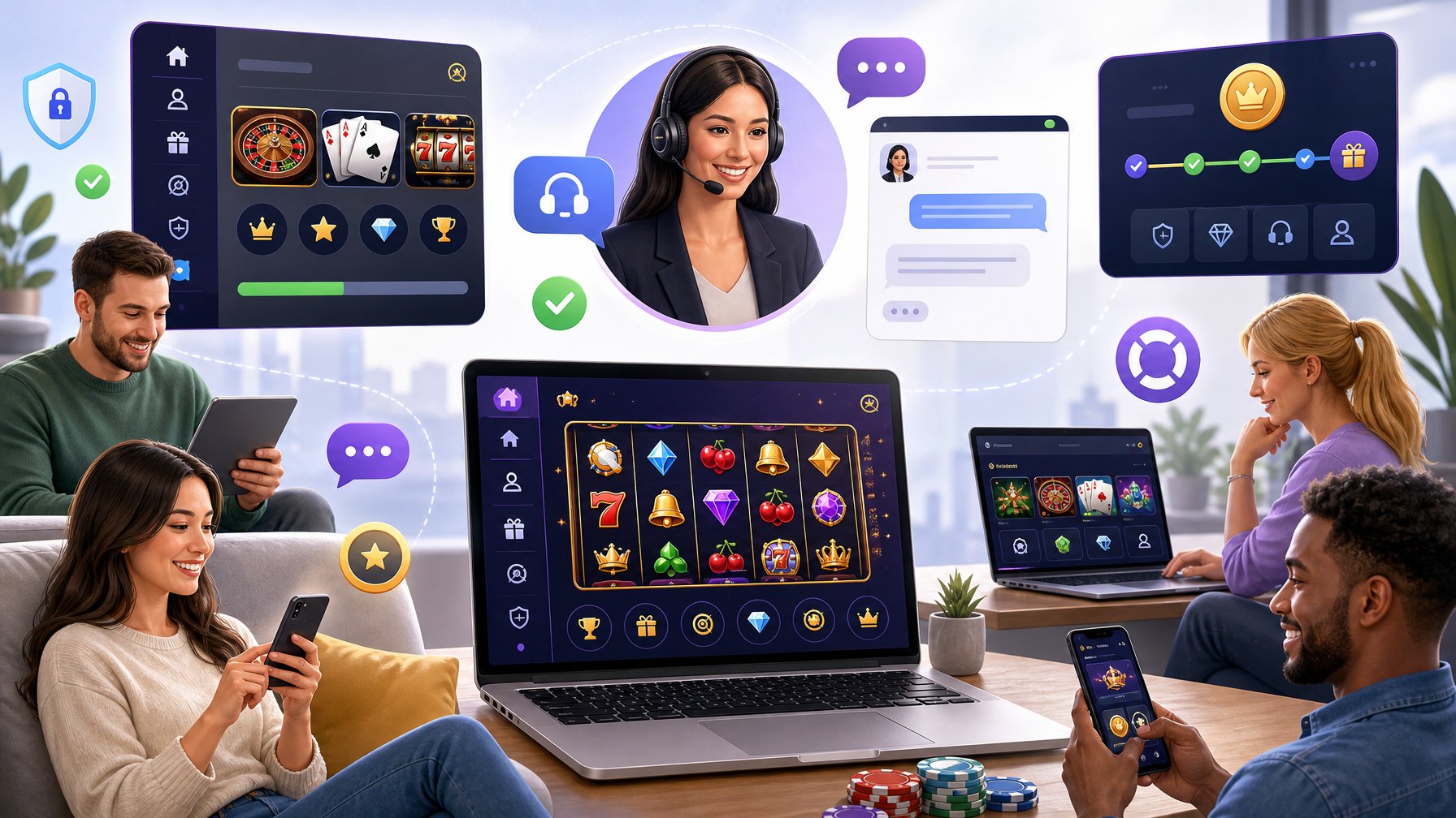 People Using Various Devices To Interact With An Online Casino Platform Featuring Customer Support And Easy Navigation Elements.