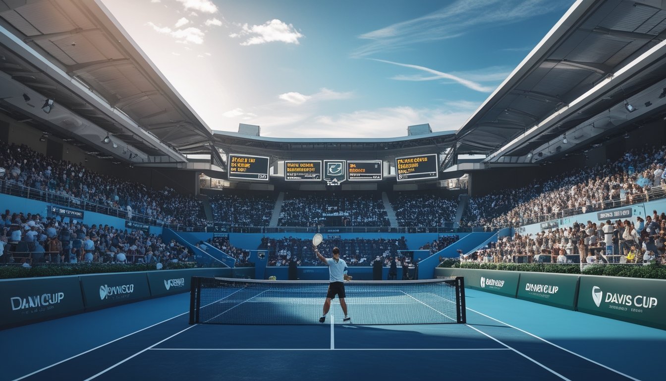 Stadion tenis dengan pemain yang sedang bertanding di lapangan dan penonton menyaksikan pertandingan Davis Cup.