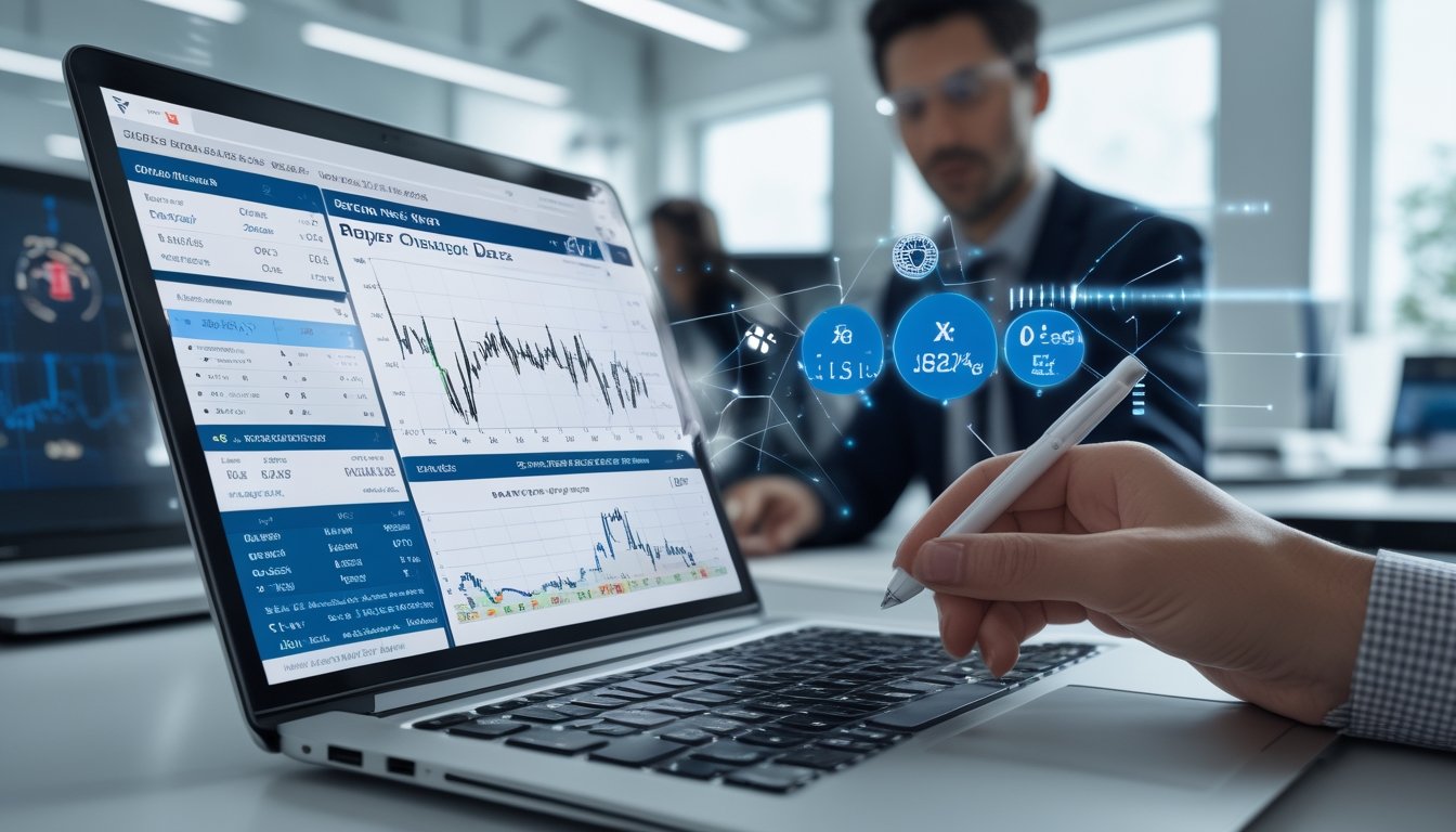 Seseorang sedang menganalisis data statistik tenis di depan laptop di ruang kantor yang terang dan modern.