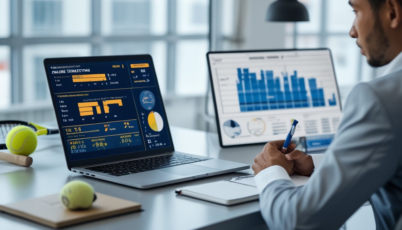 Seorang pria sedang menganalisis data statistik tenis di depan laptop dengan grafik dan catatan di meja kerja.