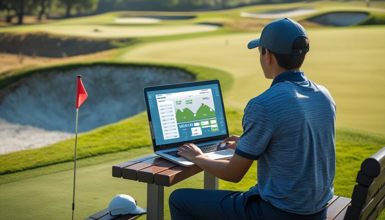 Seorang pemain golf pemula duduk di bangku dekat lapangan golf sambil menggunakan laptop untuk taruhan golf online.