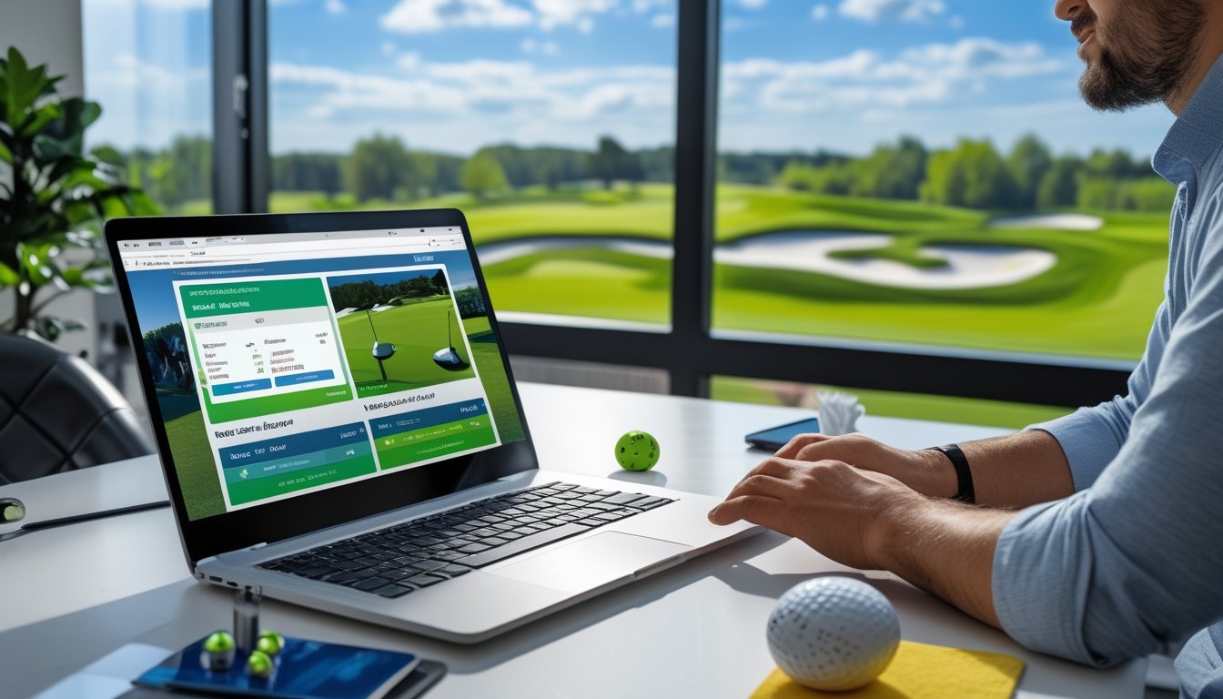 Seorang pria duduk di depan laptop dengan latar belakang lapangan golf hijau yang cerah, sedang menggunakan situs taruhan golf online.