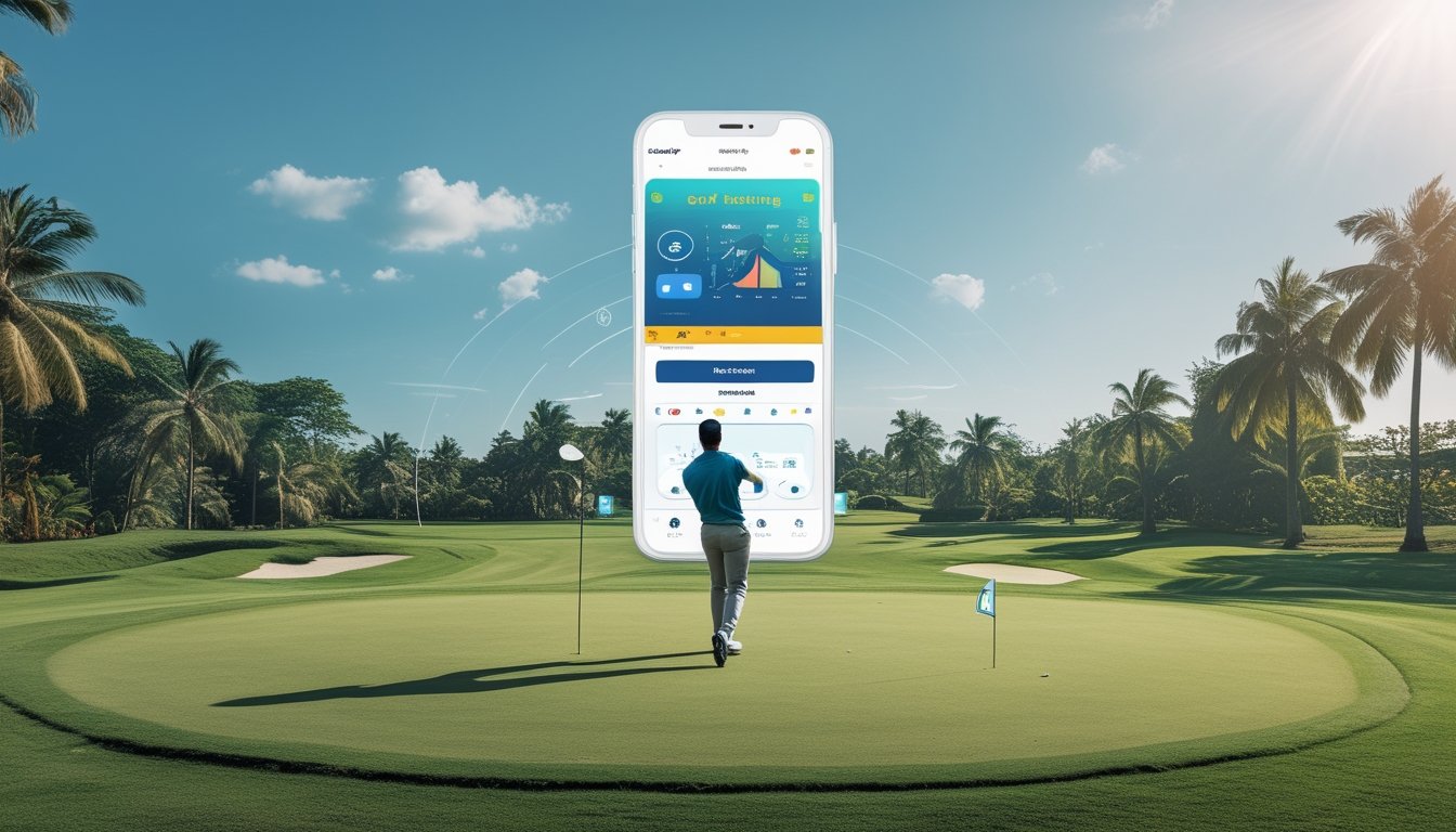 Seorang pemain golf sedang mengayunkan tongkat golf di lapangan golf yang hijau dan cerah dengan latar belakang pepohonan tropis dan langit biru.