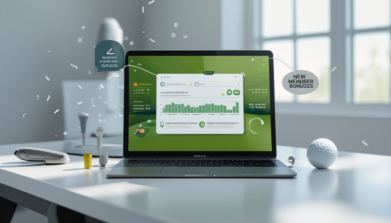 Seorang pengguna melihat layar laptop yang menampilkan platform taruhan golf online dengan grafik dan ikon terkait golf, di atas meja dengan perlengkapan golf di sekitarnya.