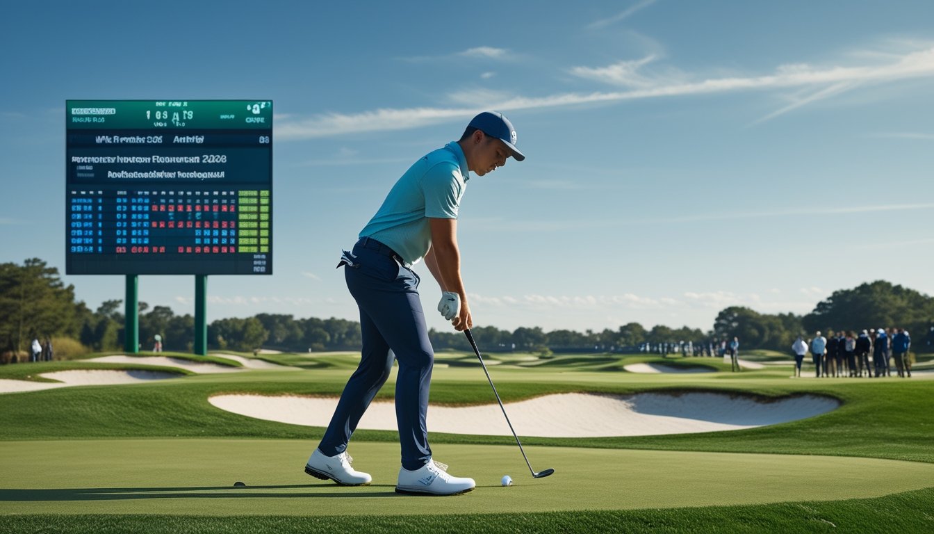 Seorang pegolf pria sedang mengayunkan tongkat golf di lapangan golf yang hijau dengan papan skor digital dan penonton di latar belakang.