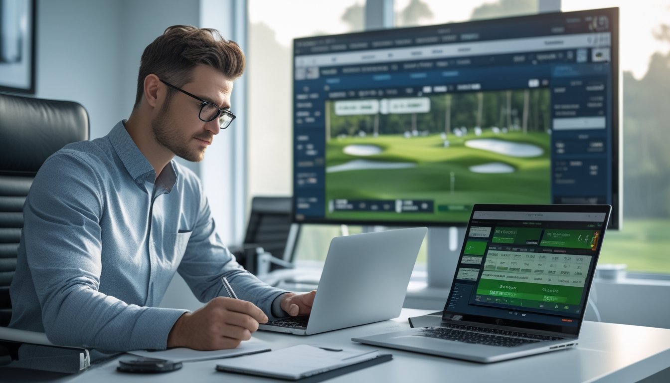 Seorang pria sedang menganalisis strategi taruhan golf online secara langsung di depan beberapa perangkat digital di ruang kerja modern.