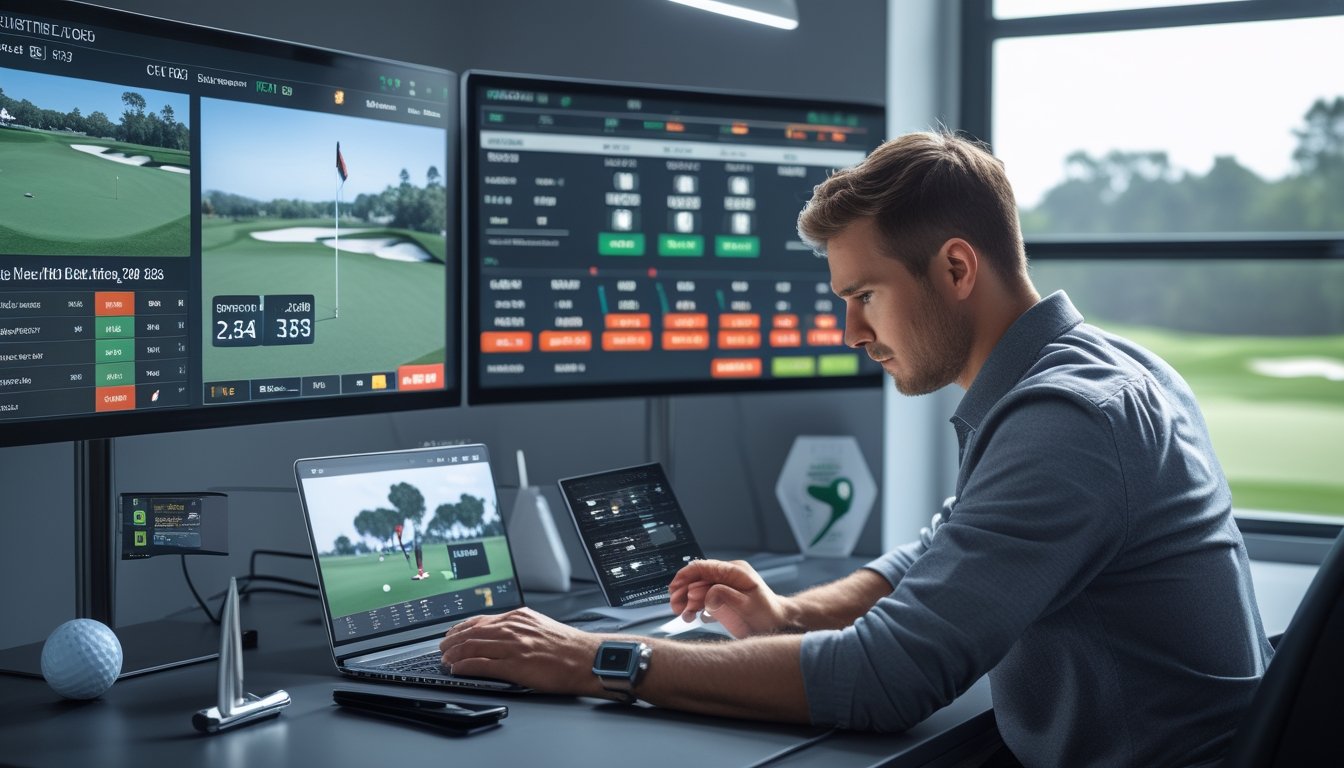 Seorang petaruh profesional sedang menganalisis taruhan golf online secara langsung dengan beberapa layar menampilkan pertandingan golf dan data taruhan.