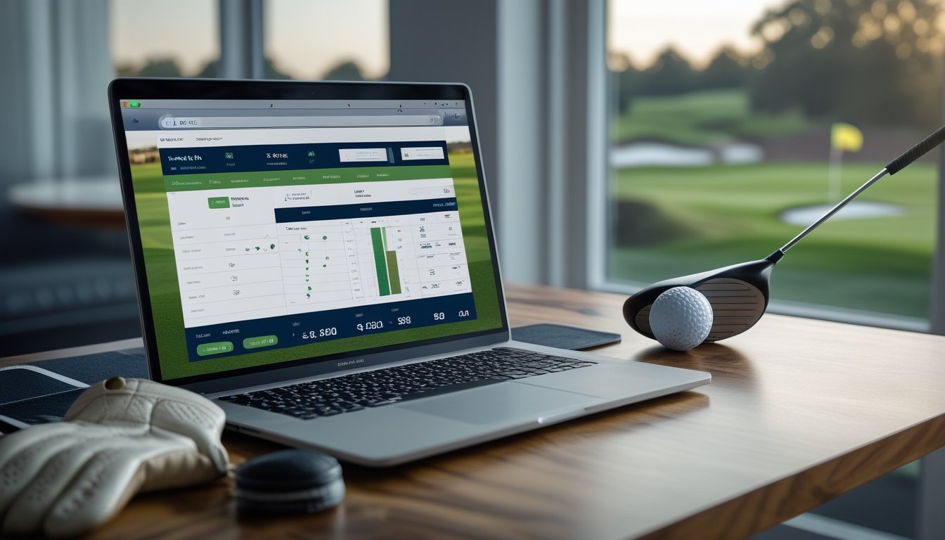 Meja kerja dengan laptop yang menampilkan antarmuka taruhan golf, sarung tangan golf, bola golf di tee, dan stik golf, dengan latar belakang lapangan golf melalui jendela.