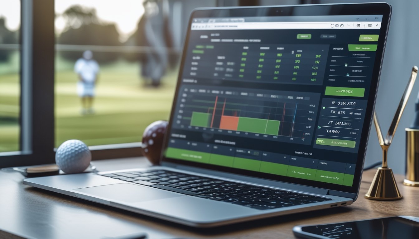 Meja kerja dengan laptop dan ponsel yang menampilkan aplikasi taruhan golf, dilengkapi bola golf dan piala kecil, dengan latar belakang lapangan golf terlihat melalui jendela.
