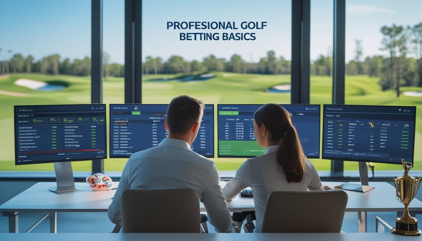 Dua orang sedang melihat data taruhan golf di depan layar komputer dengan latar belakang lapangan golf yang hijau.