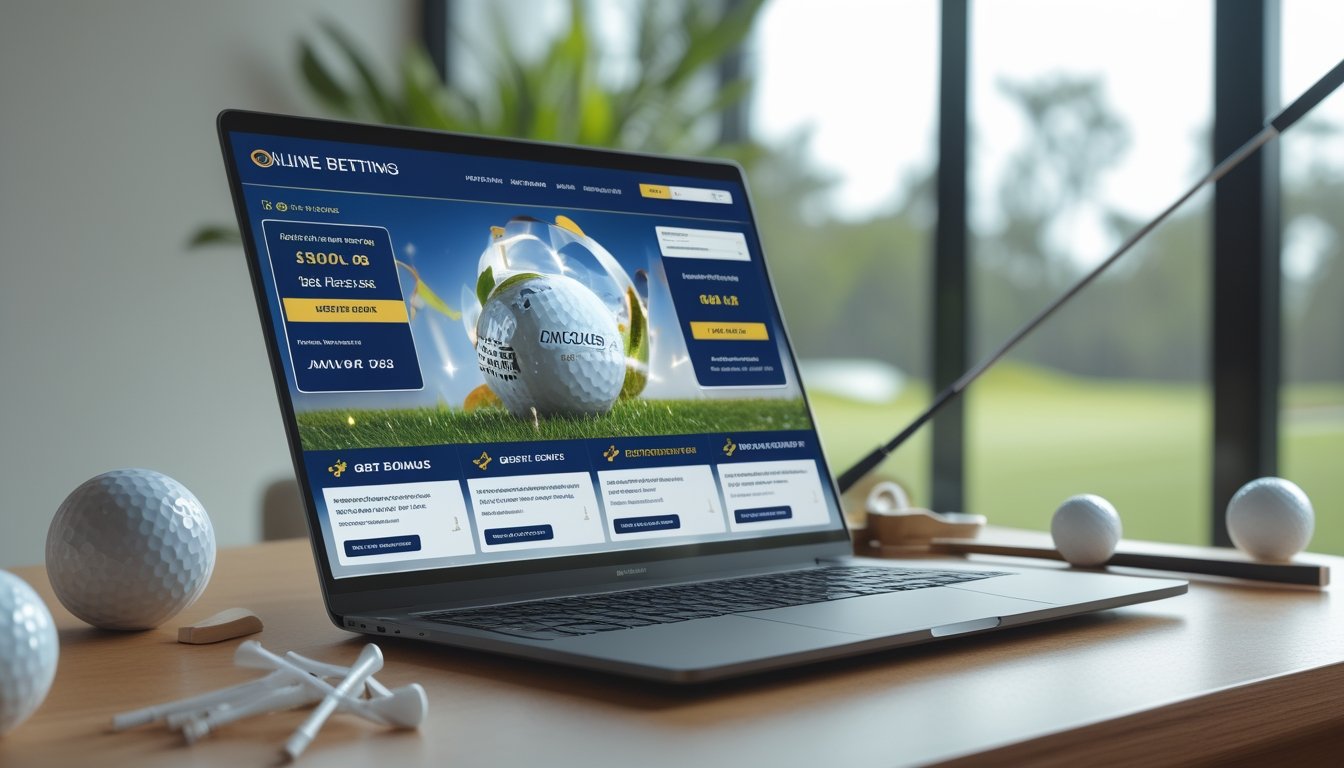 Perangkat elektronik di atas meja dengan perlengkapan golf di sekitarnya, menampilkan konsep taruhan golf online dan promosi bonus.