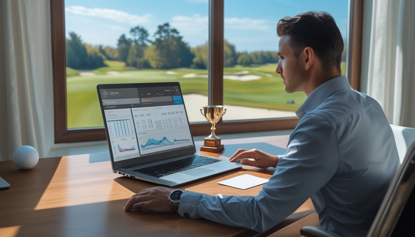 Seorang pria sedang menganalisis data taruhan golf secara online di depan laptop dengan latar belakang lapangan golf yang cerah.