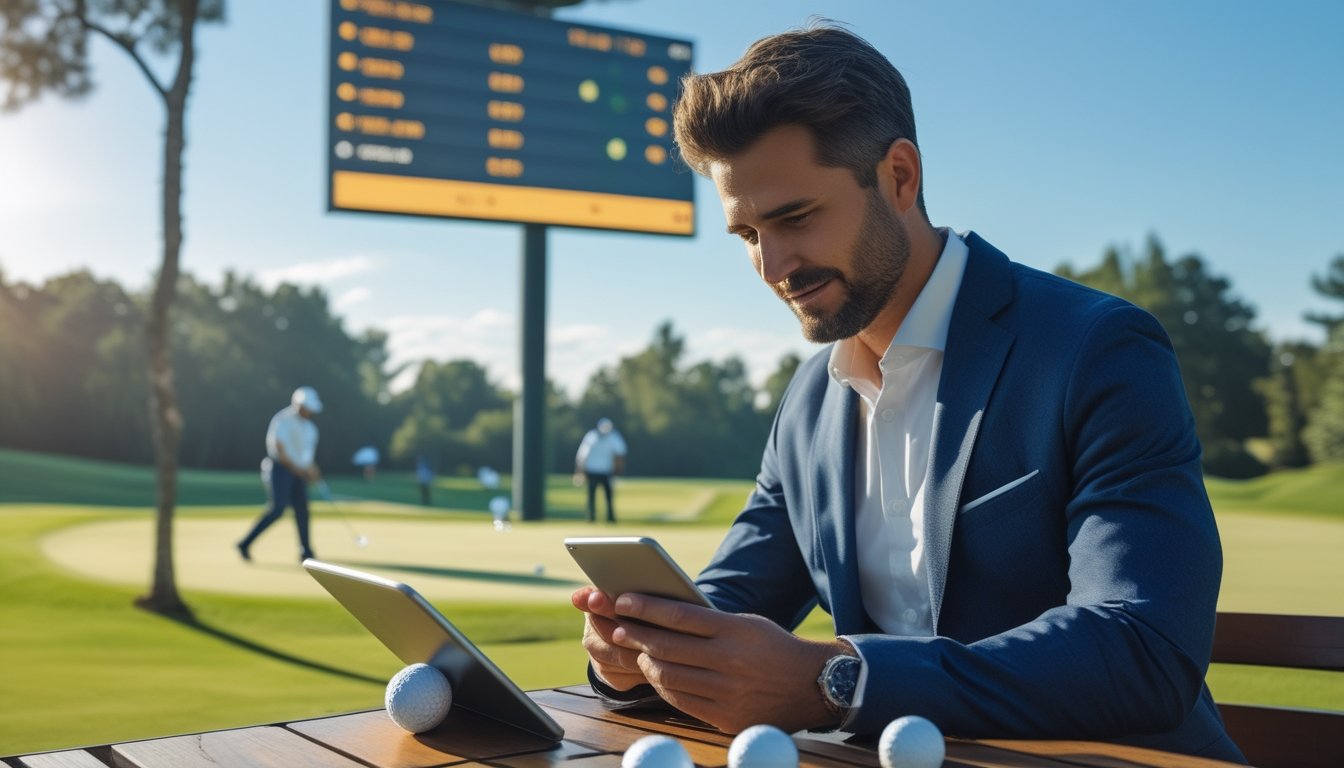 Seorang pria duduk di meja luar ruangan di lapangan golf, memeriksa tablet dengan latar belakang pemain golf dan papan skor.