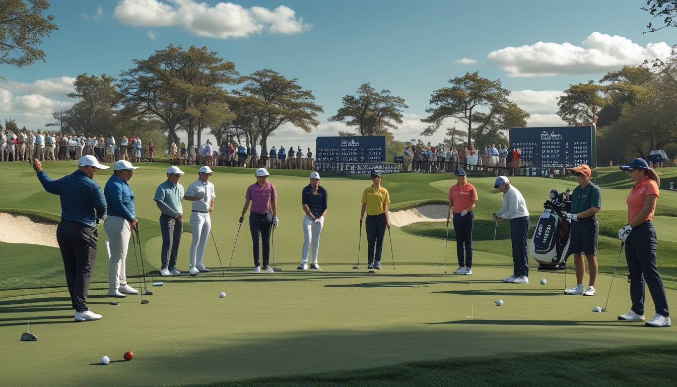 Pemandangan turnamen golf internasional dengan pegolf profesional sedang bermain di lapangan hijau yang luas dan penonton menyaksikan dari kejauhan.