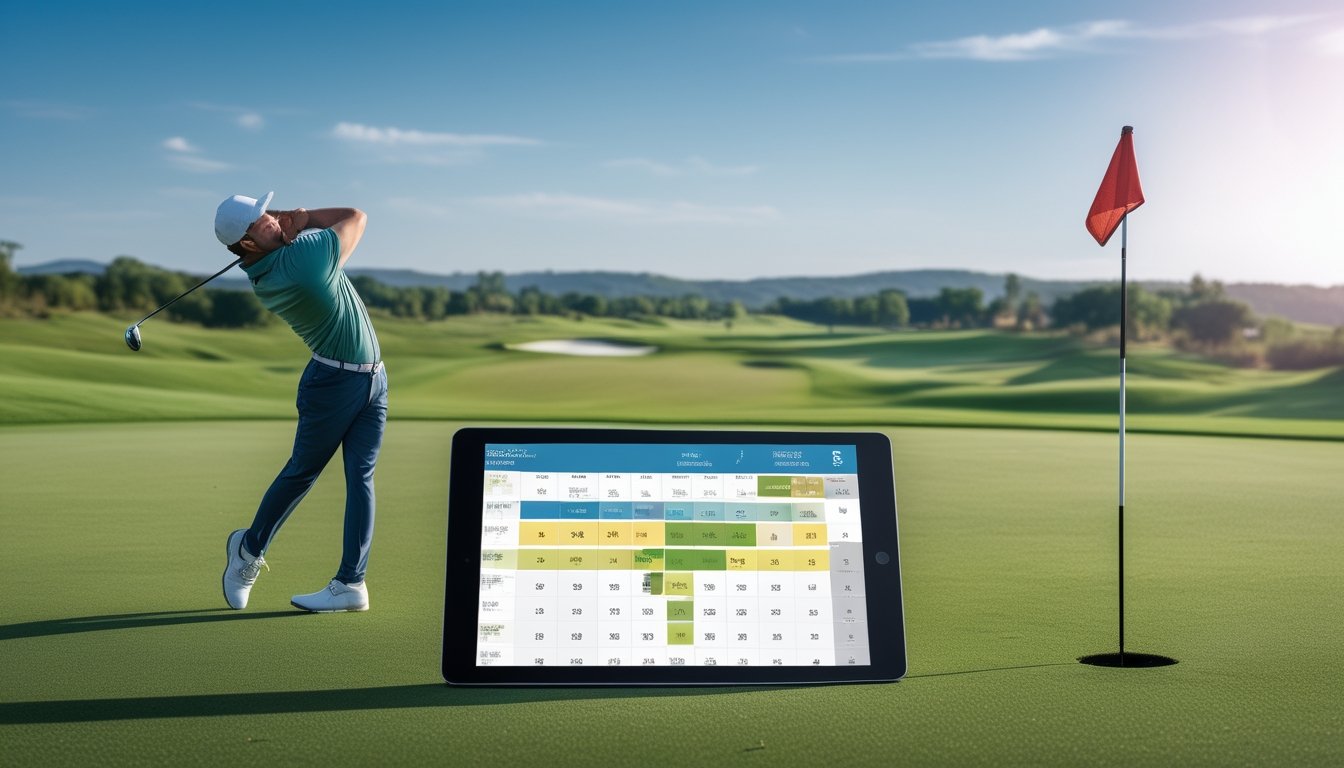 Seorang pemain golf sedang mengayunkan tongkat golf di lapangan hijau dengan tablet yang menampilkan jadwal turnamen golf di dekatnya.