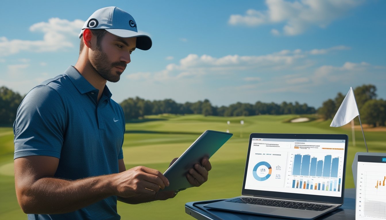 Seorang pemain golf sedang menganalisis statistik pemain golf menggunakan tablet di lapangan golf yang hijau.