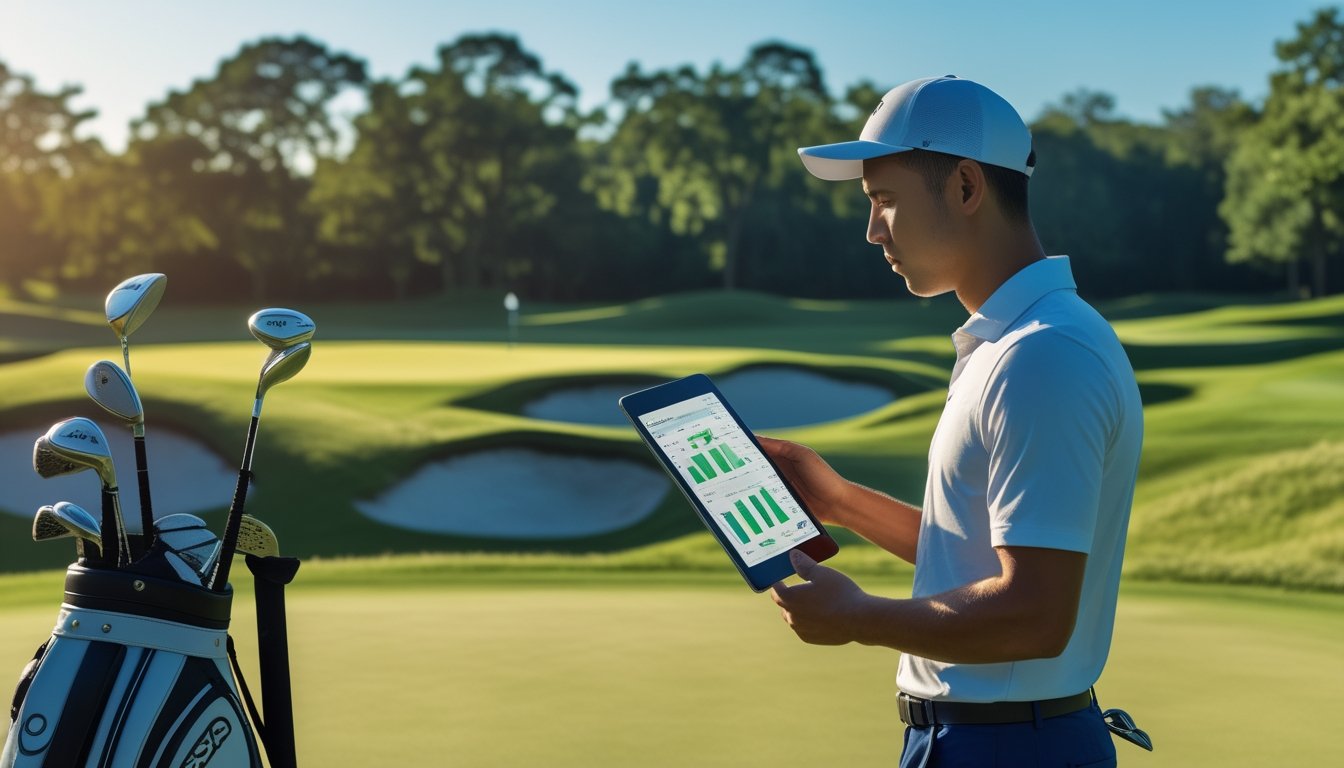 Seorang pemain golf sedang melihat tablet di lapangan golf hijau dengan tas golf di sampingnya.