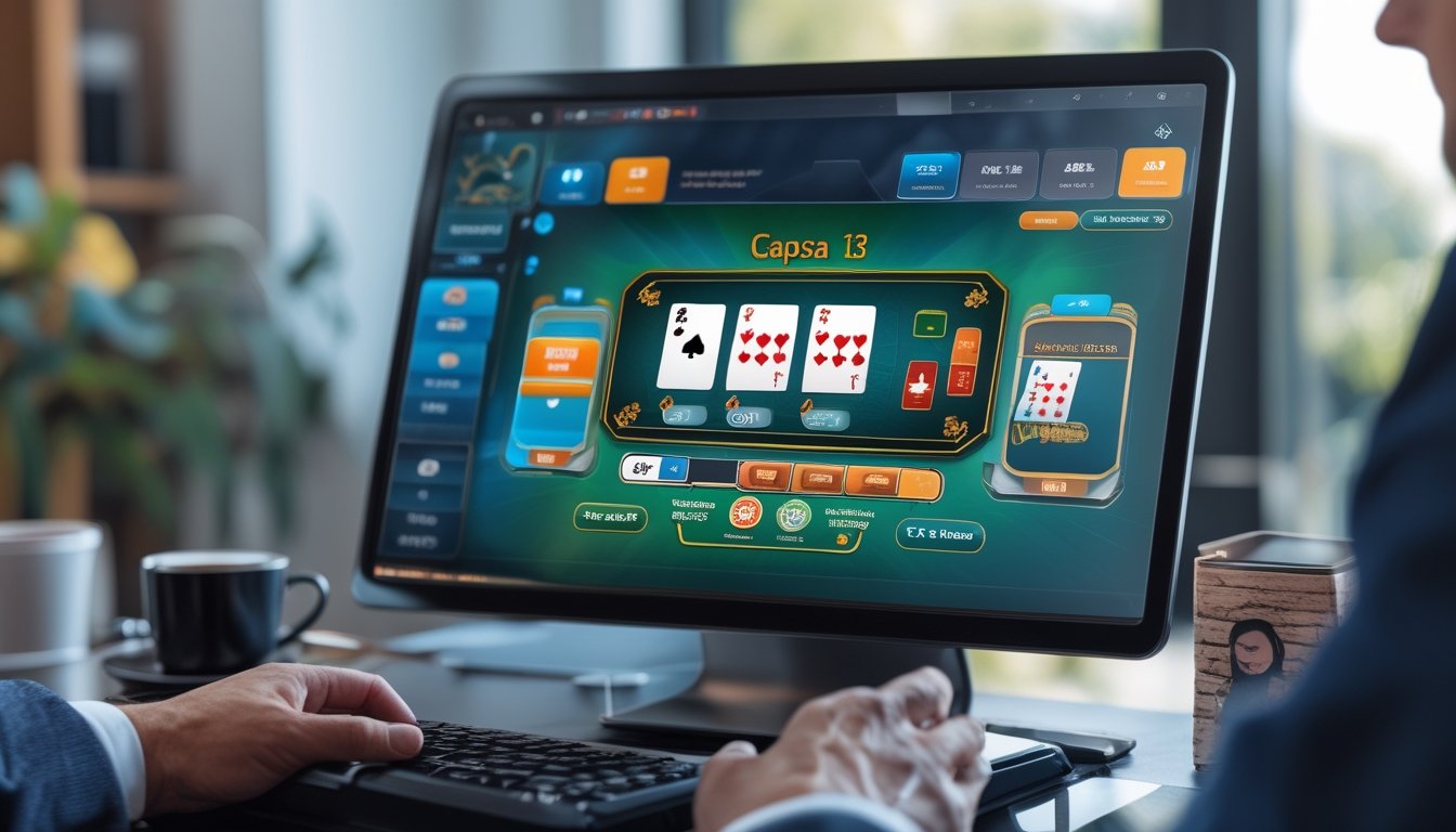 Seorang pemain dewasa sedang bermain permainan kartu Capsa 13 secara online di depan komputer di ruangan yang terang dan rapi.
