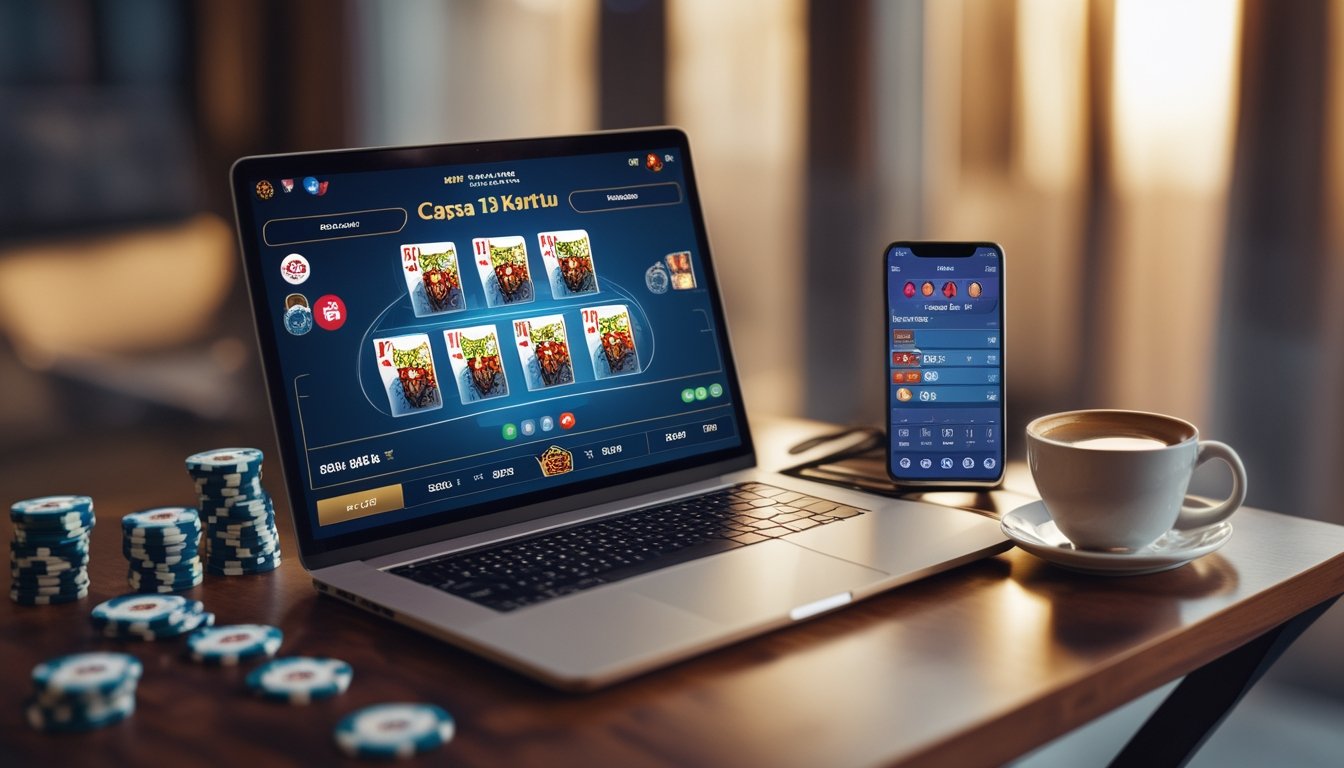 Sebuah laptop menampilkan permainan Capsa 13 Kartu dengan kartu dan chip poker di meja kayu, dikelilingi oleh ponsel dan secangkir kopi.