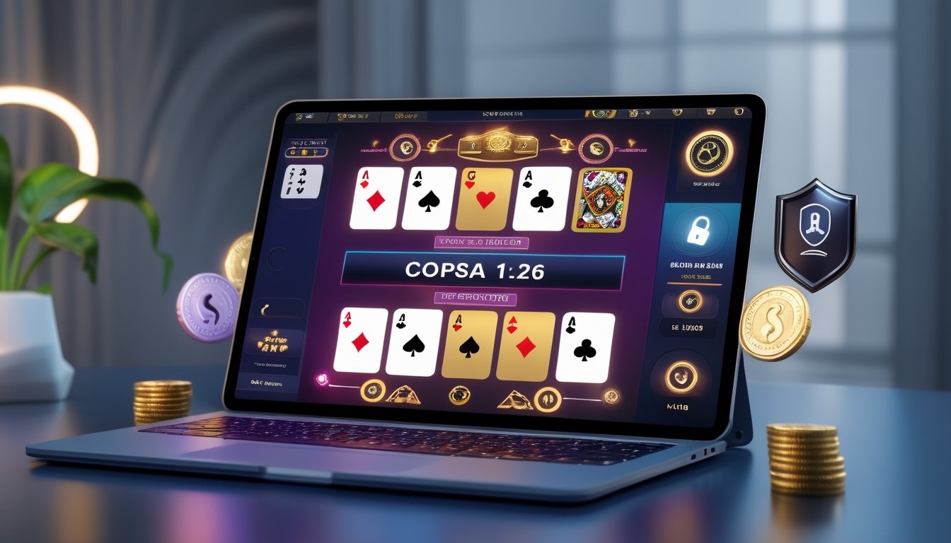Seseorang bermain kartu Capsa 13 secara online menggunakan tablet dengan latar belakang yang modern dan simbol keamanan.