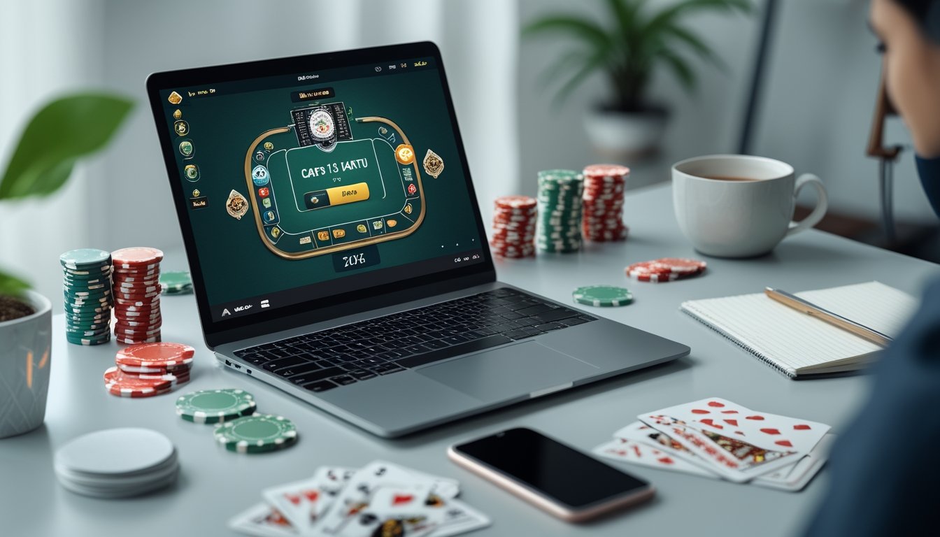 Seseorang menggunakan laptop dengan permainan kartu Capsa 13 di layar, dikelilingi oleh chip poker dan kartu remi di atas meja.