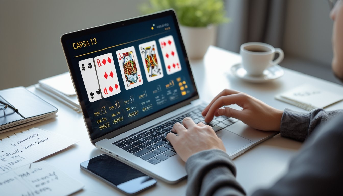 Seorang pemain menggunakan laptop dengan permainan kartu Capsa 13 di layar, dikelilingi oleh catatan, ponsel, dan secangkir kopi di meja kerja yang rapi.