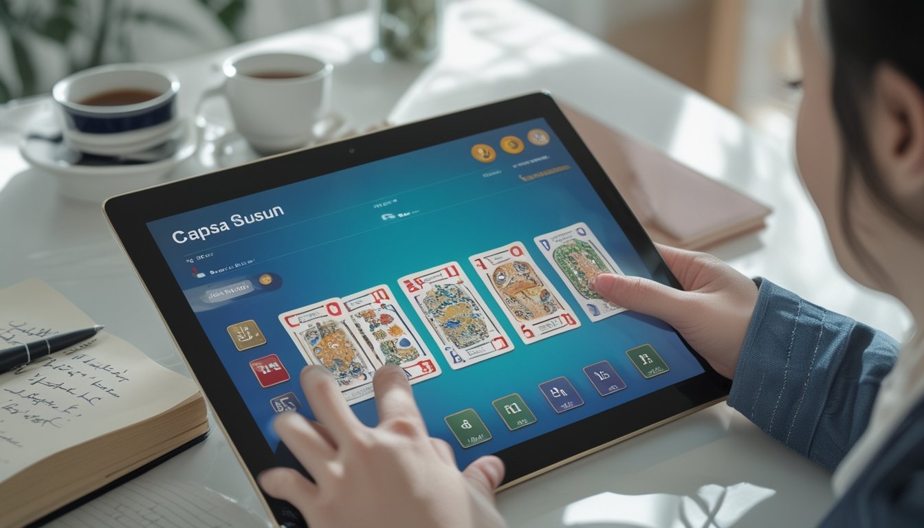 Seorang pemain menggunakan tablet untuk bermain permainan kartu Capsa Susun dengan kartu tersusun rapi di layar, di atas meja dengan catatan dan pena.