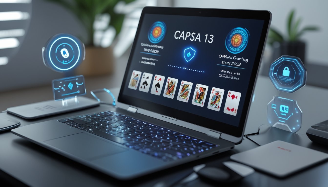 Seorang pemain sedang menggunakan laptop dengan tampilan permainan kartu Capsa 13 online di meja yang rapi dan terang.