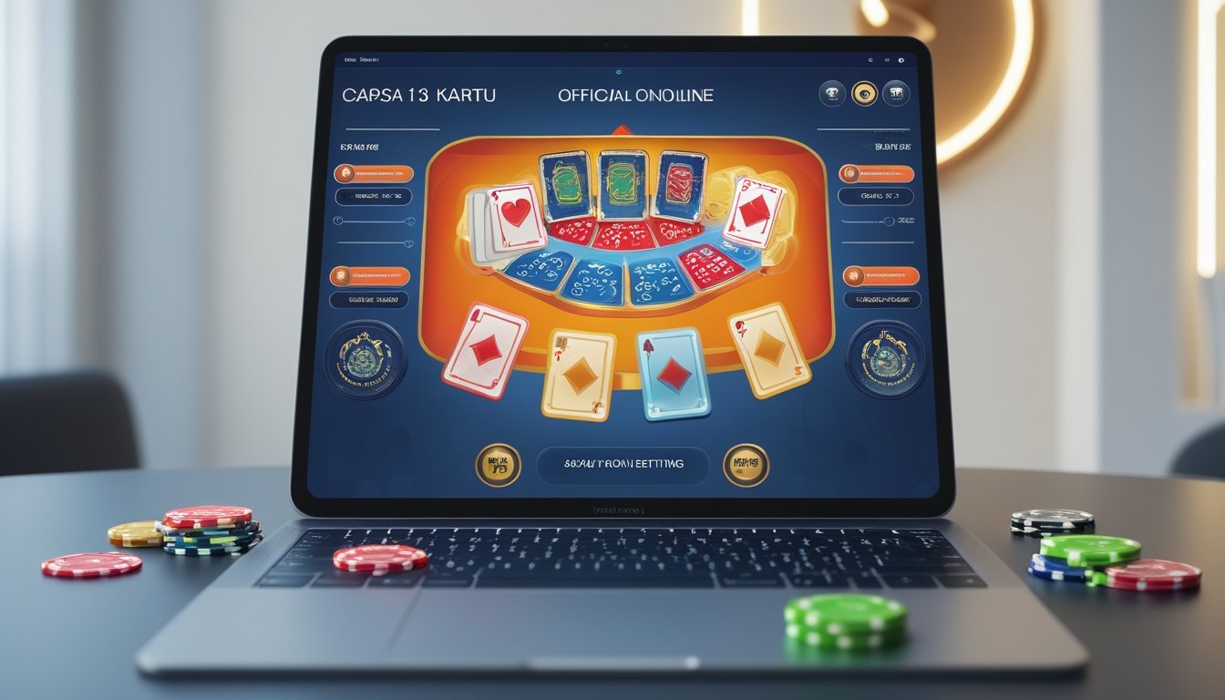 Sebuah perangkat digital menampilkan permainan kartu Capsa 13 Kartu dengan kartu berwarna dan chip taruhan di sekitarnya.