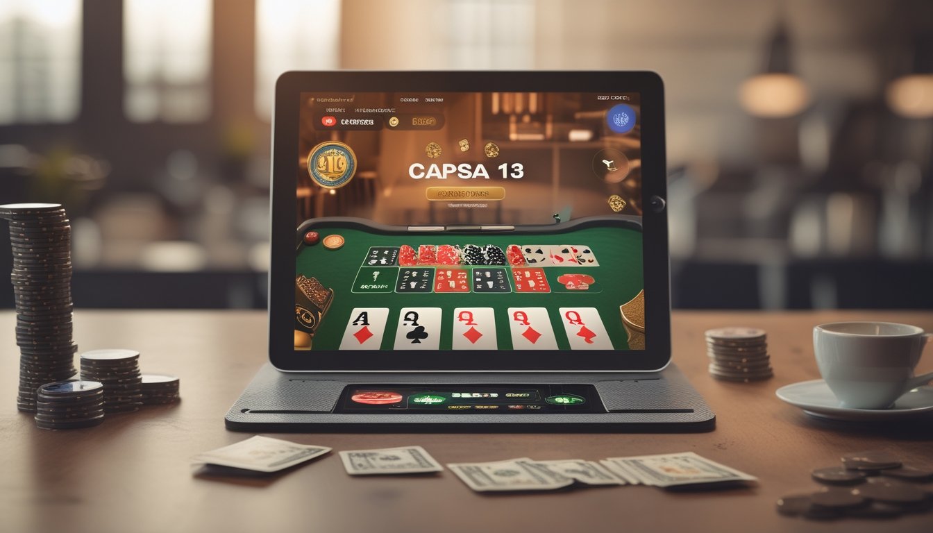 Sebuah meja kerja dengan tablet menampilkan permainan kartu Capsa 13, dikelilingi oleh tumpukan chip poker dan secangkir kopi.