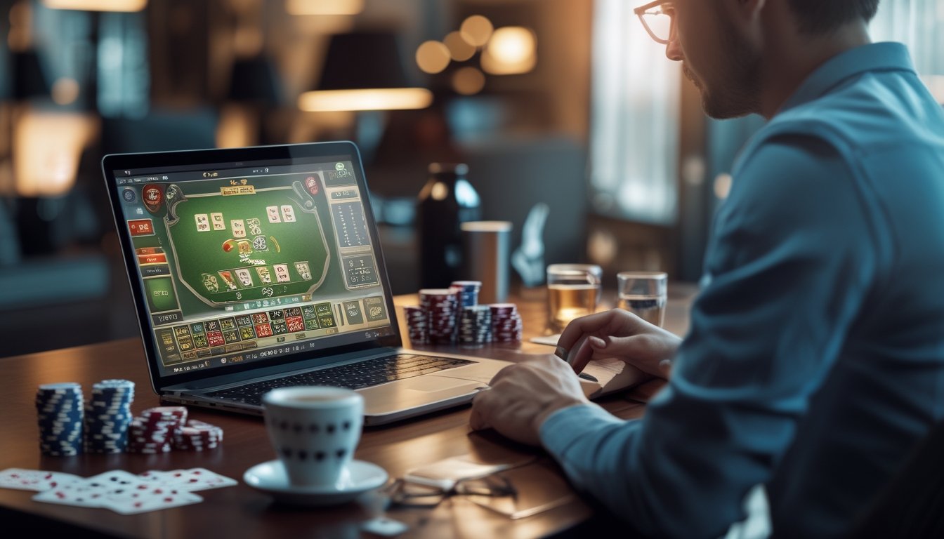 Meja kerja modern dengan laptop menampilkan permainan kartu Capsa 13, tumpukan chip poker, dan kartu bermain, dengan seseorang menggunakan ponsel di latar belakang.